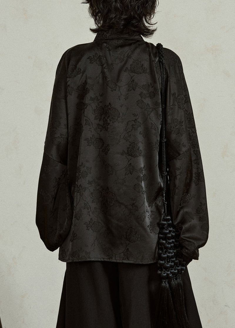 Jacquard Black Button Silk Shirts Fall