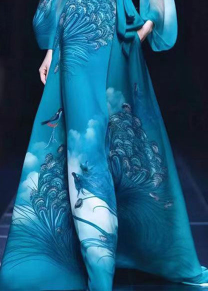 Exquisite Blue Stand Collar Printed Tie Waist Silk Dress Autumn