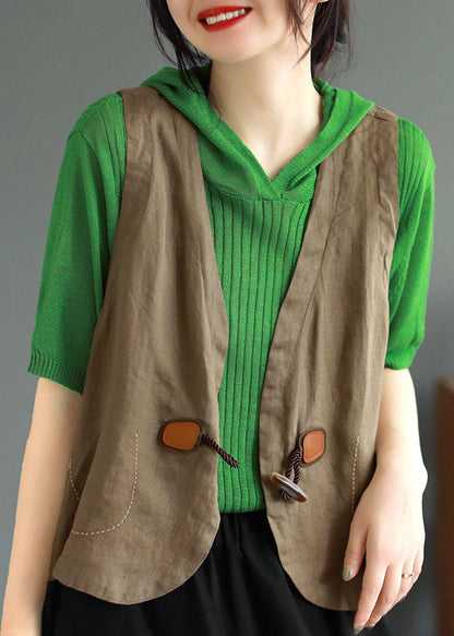 Khaki V Neck Button Patchwork Linen Vest Sleeveless