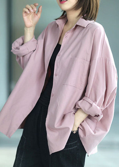 Pink Peterpan Collar Button Pockets Fall Shirt Long Sleeve