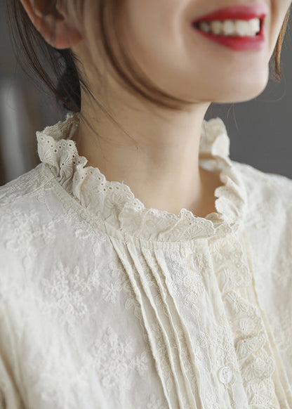 Stylish Apricot Ruffled Button Cotton Blouse Tops Long Sleeve Spring