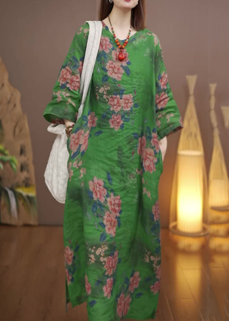 Green O-neck Print Long Dress Spring