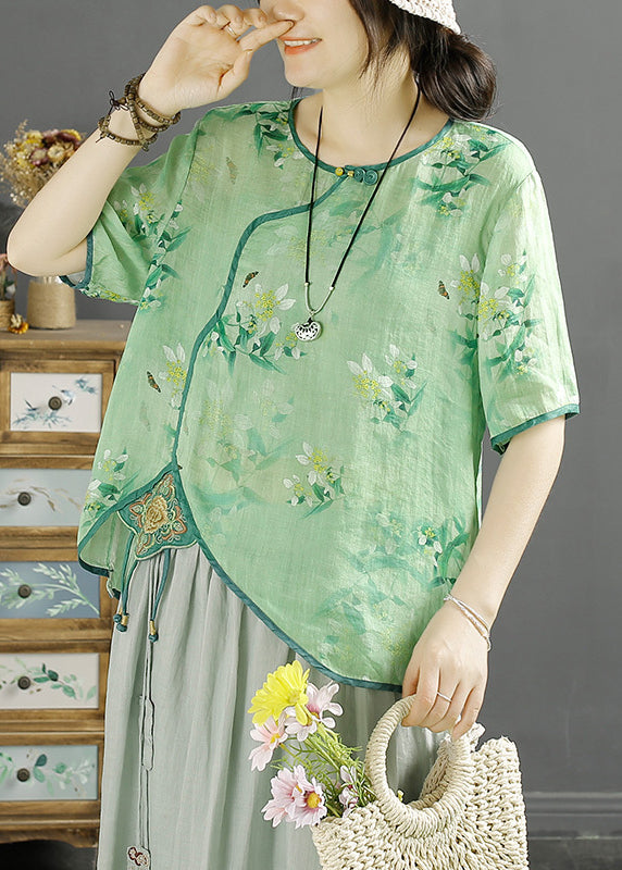Natural Blue Embroideried Patchwork Print Linen Shirt Summer
