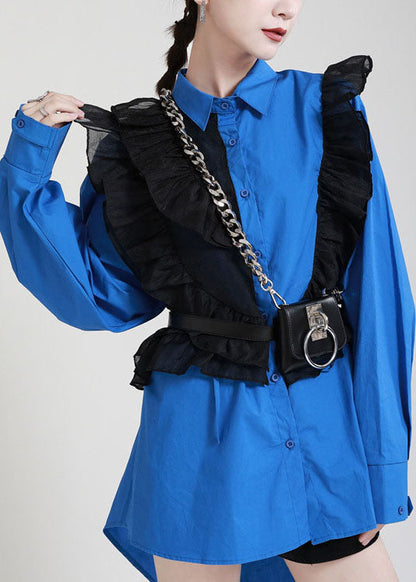 Stylish Blue Button Patchwork Asymmetrical Design Fall Long Sleeve Blouses
