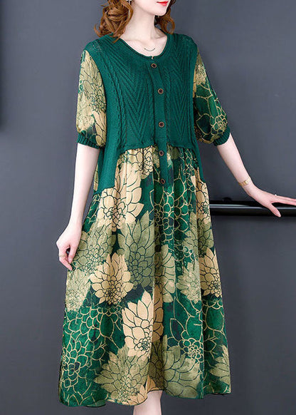 O-neck Green Knit Patchwork Print Silk Dresses Summer