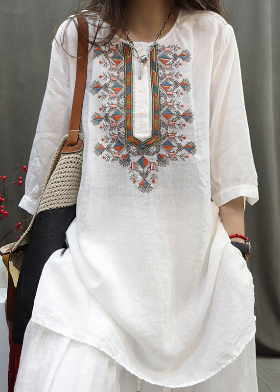 Retro Black O-neck Embroidered Side Open Shirt Half Sleeve