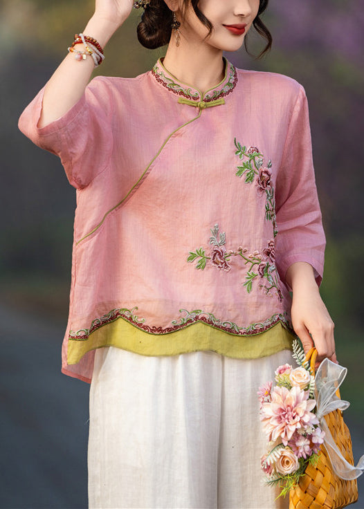 Pink Embroidered Button Linen Shirt Bracelet Sleeve
