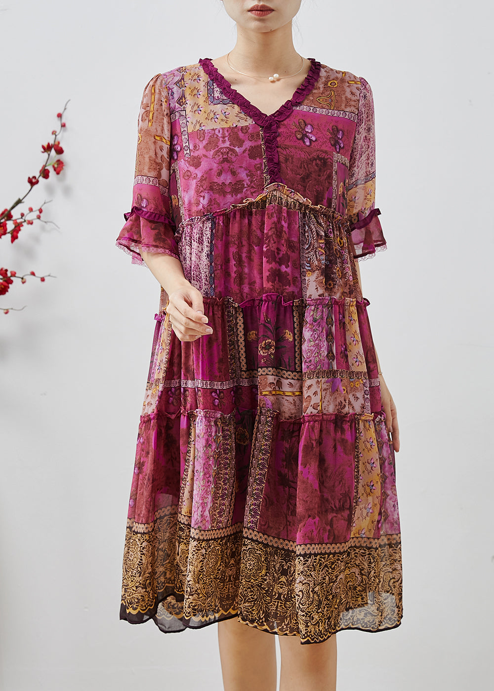 Purple Ruffled Print Chiffon Dresses Summer