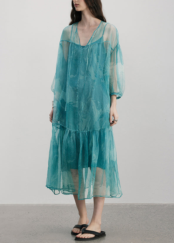Blue V Neck Wrinkled Patchwork Silk Dress Summer