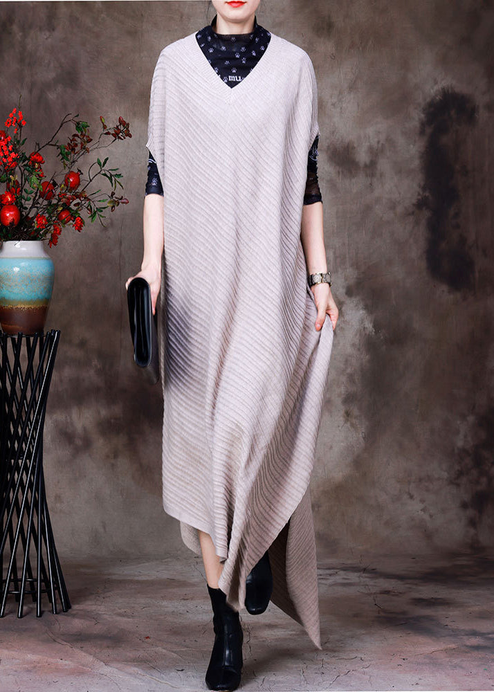 Beige V Neck Asymmetrical Woolen Knit Long Sweater Fall