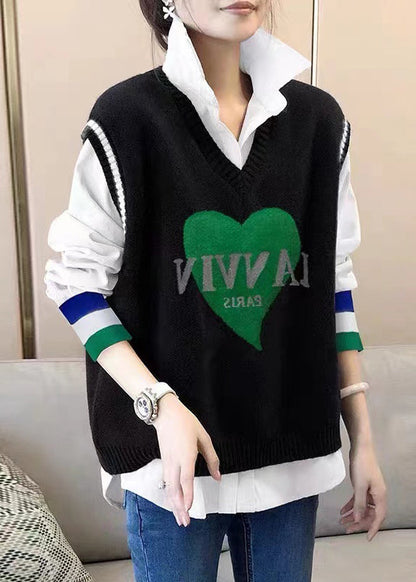 Modern Black Peter Pan Collar Shirts and Vest Knit Two Pieces Set Fall