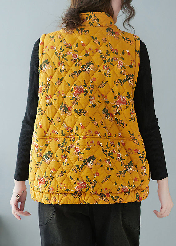 Yellow Chinese Button Print Pockets Cotton Filled Waistcoat Spring