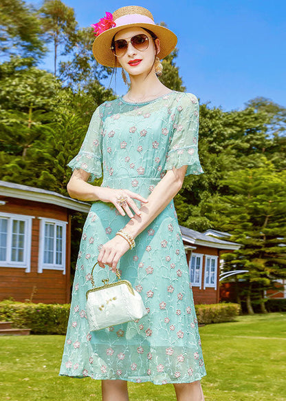 Light Green O-neck Embroideried Silk Mid Dresses Short Sleeve