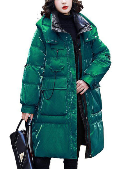 Red Stand Collar Zippered Patchwork Bright Hooded Long Fine Cotton Filled Coats Winter