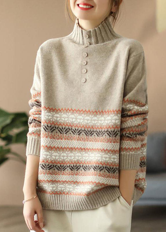 Khaki Hign Neck Print Knit Sweater Spring