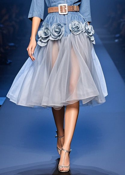French Blue Tulle Patchwork Denim Dress Summer