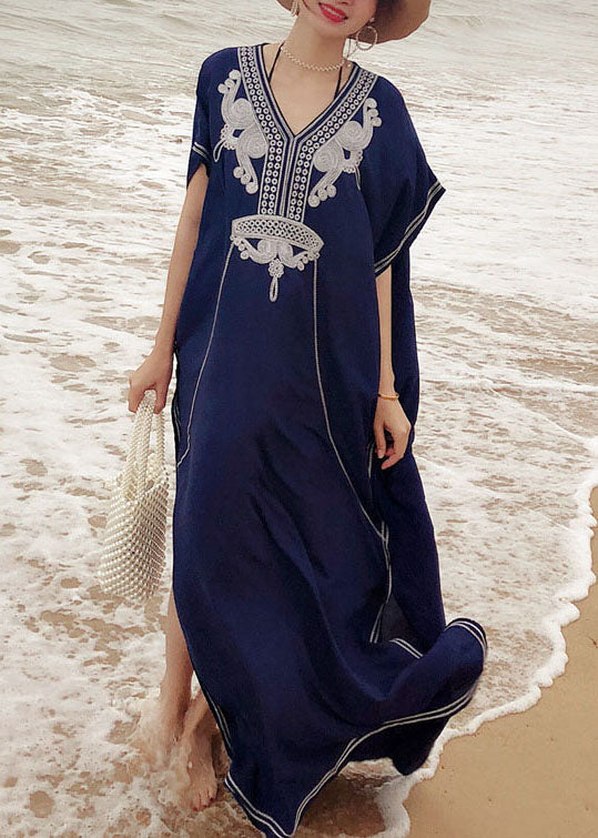 Italian Blue Embroideried Side Open Kimono Robe Maxi Dresses Summer Cotton