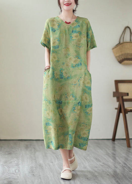 Green V Neck Print Patchwork Long Cotton Dress Summer