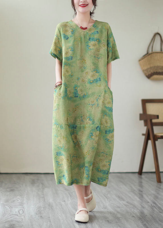 Green V Neck Print Patchwork Long Cotton Dress Summer