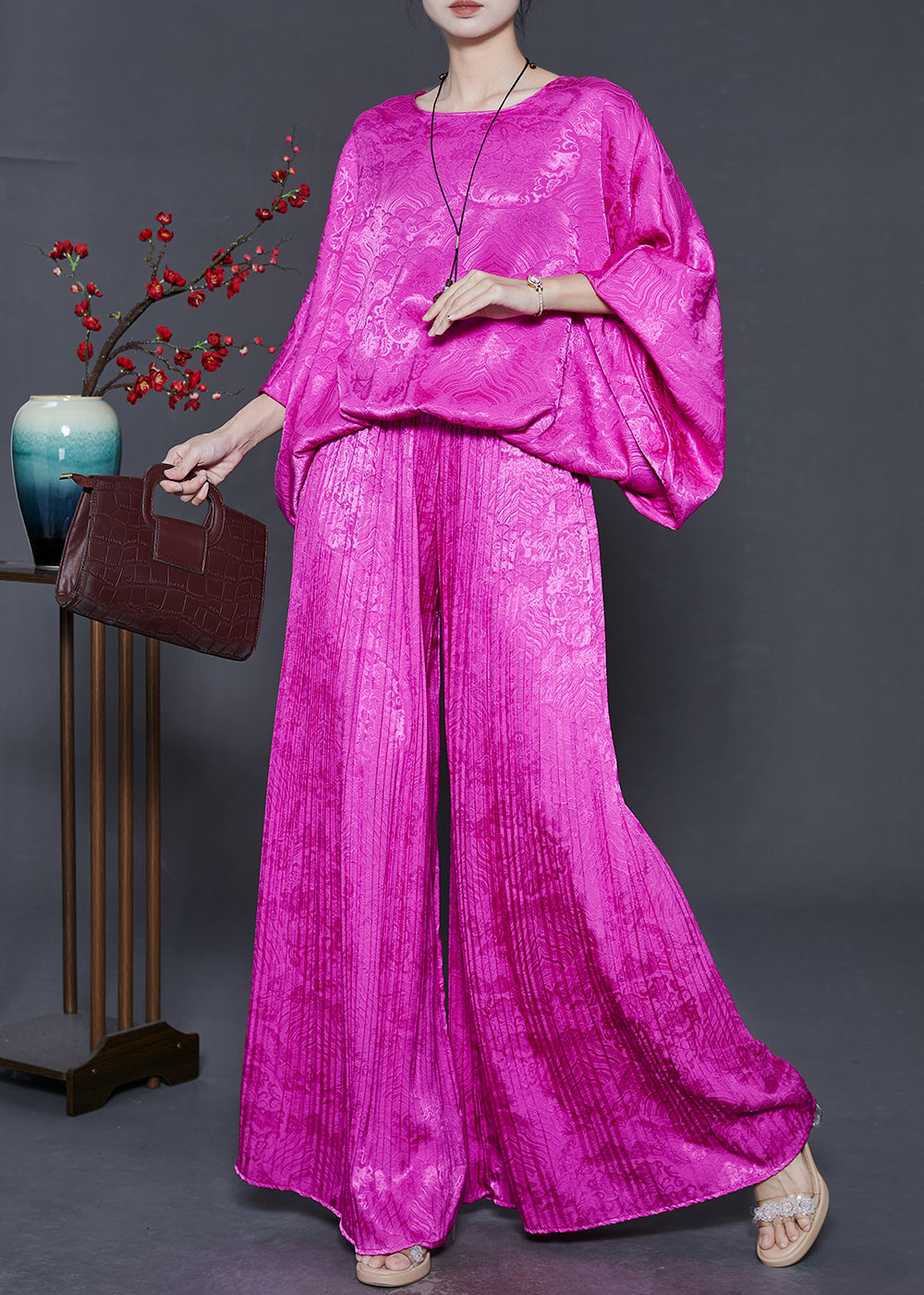 Rose Oversized Print Silk 2 Piece Outfit Batwing Sleeve