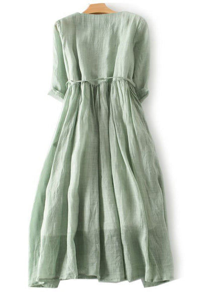 Green Ruffled Button Tie Waist Cotton Long Dress Half Sleeve