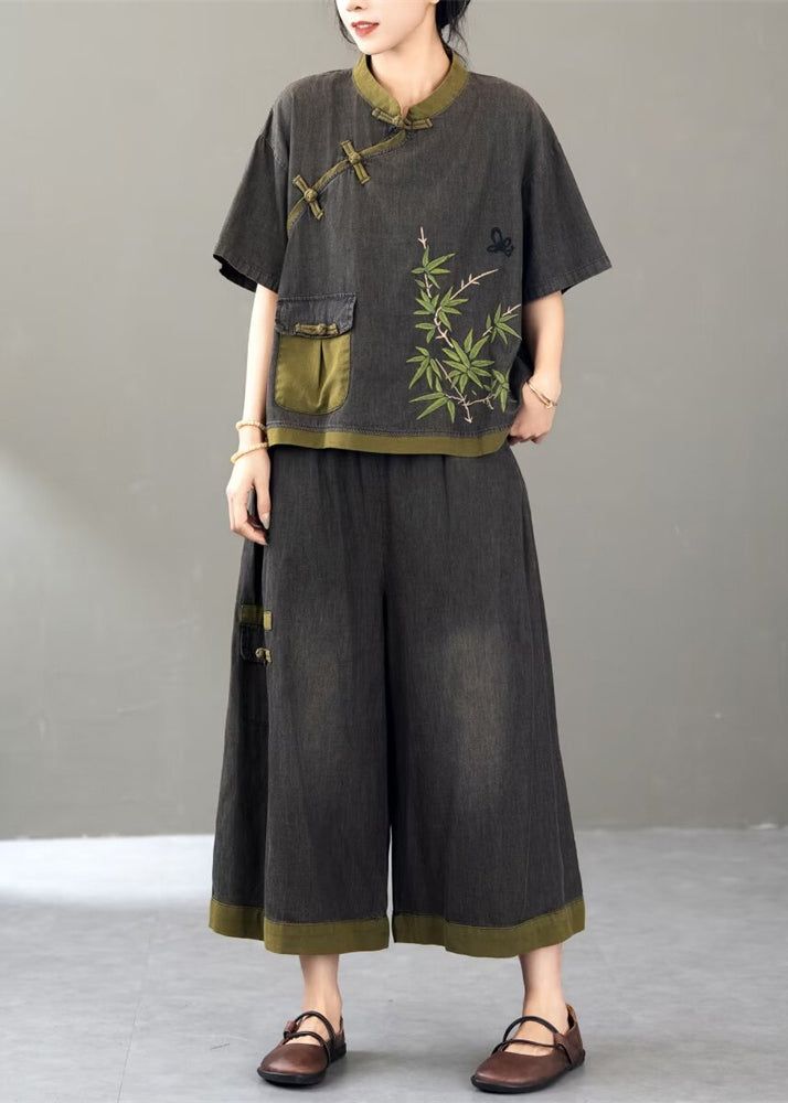 Retro Black Embroidered Pockets Denimtwo Piece Set Short Sleeve