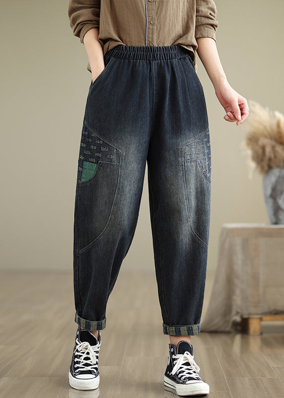 Navy Pockets Elastic Waist Denim Pants Fall