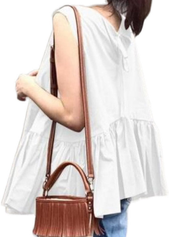 Camel O-neck Ruffled Patchwork Tops Summer