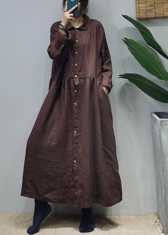 Dark Chocolate Linen Long Dress Cinched Extra Large Hem Long Sleeve