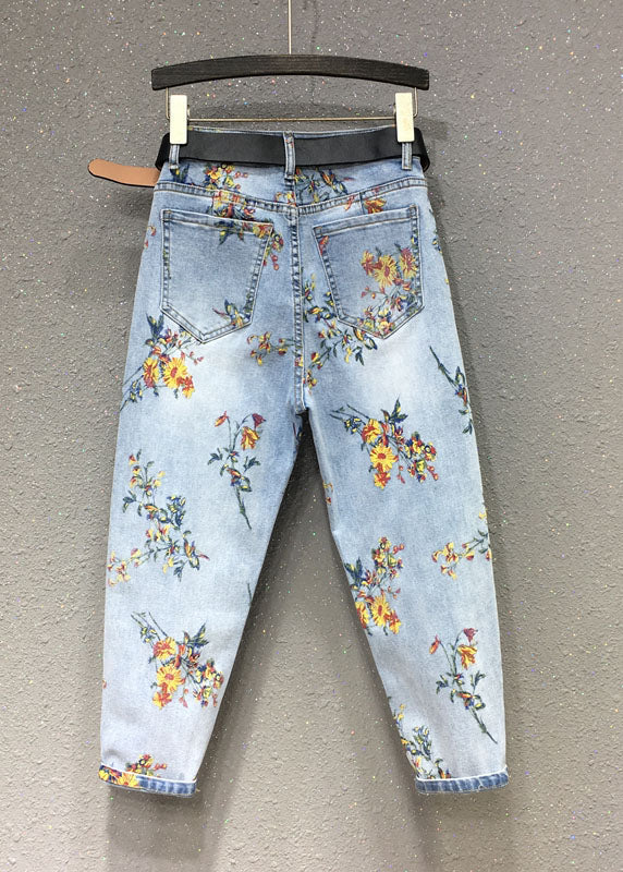 Light Blue Print Patchwork Crop Jeans Fall