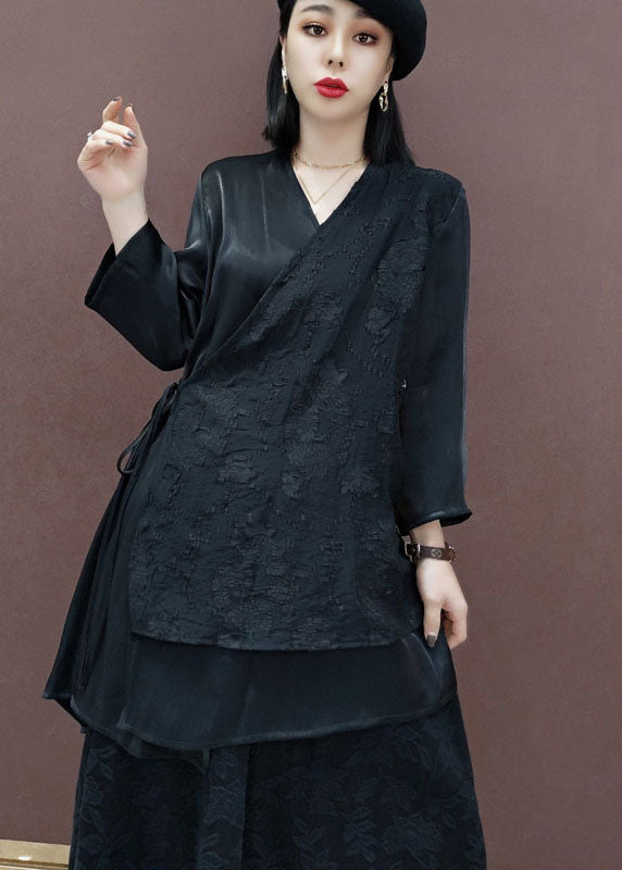 French Black Tie Waist V Neck Print Tops Wide Leg Pants Two Piece Outfit Spring