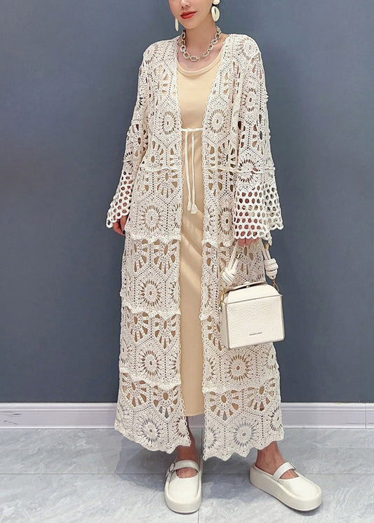 Apricot V Neck Hollow Out Long Lace Cardigan Fall