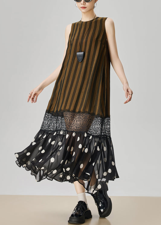 Art Striped Hollow Out Lace Patchwork Cotton Long Dresses Sleeveless