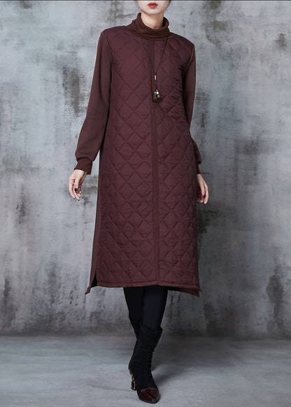 Brown Turtle Neck Patchwork Fine Cotton Filled Dresses Spring