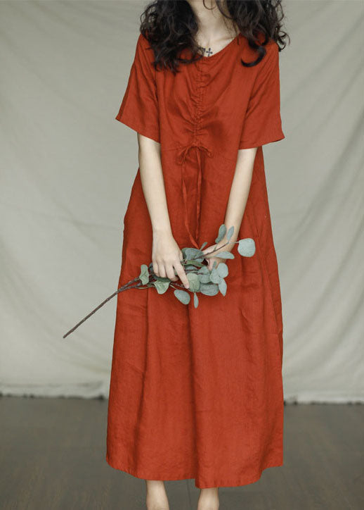 Green Pockets Linen Dress Short Sleeve
