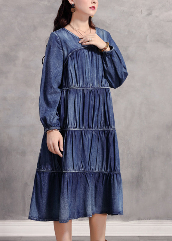 Blue V Neck Wrinkled Patchwork Denim Long Dress Long Sleeve