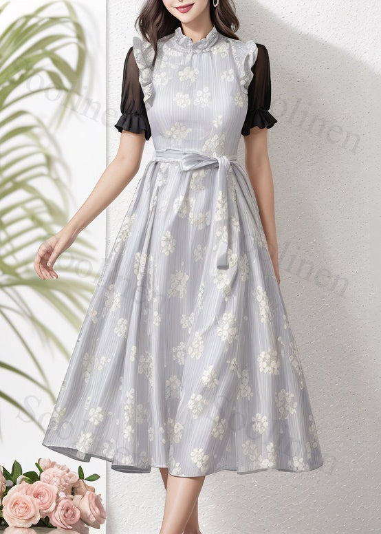 Art Grey Ruffled Tie Waist Silk Long Dresses Summer
