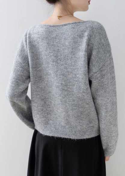 Grey O Neck Sequins Knitted Sweaters Spring