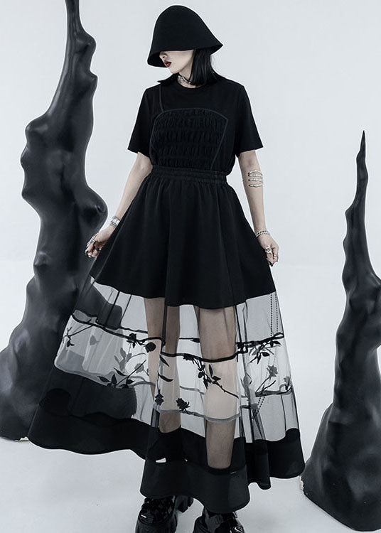 Black Elastic Waist Hollow Out Tulle Patchwork Cotton a Line Skirts Summer