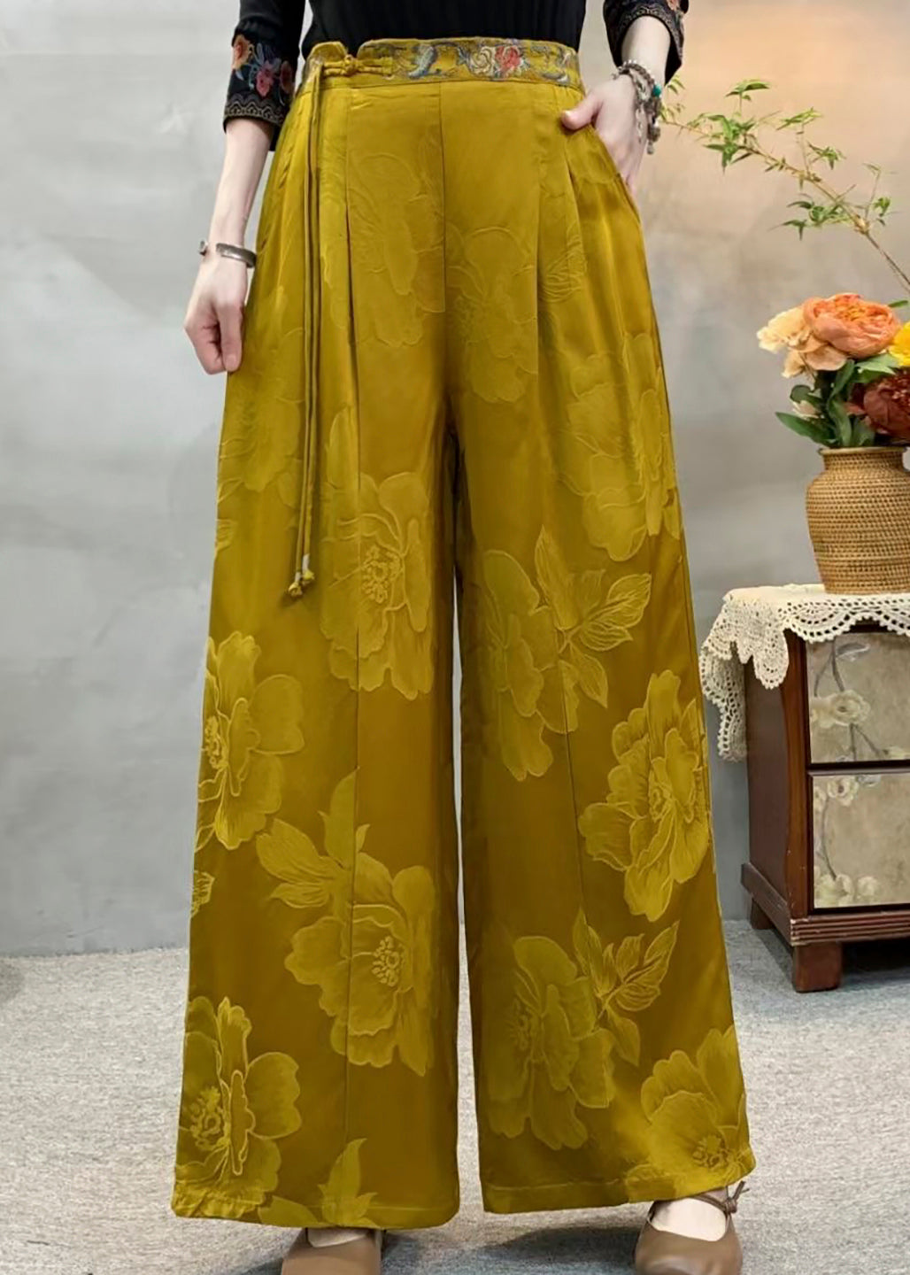 Yellow Tassel Embroidered Pockets Silk Pants Fall