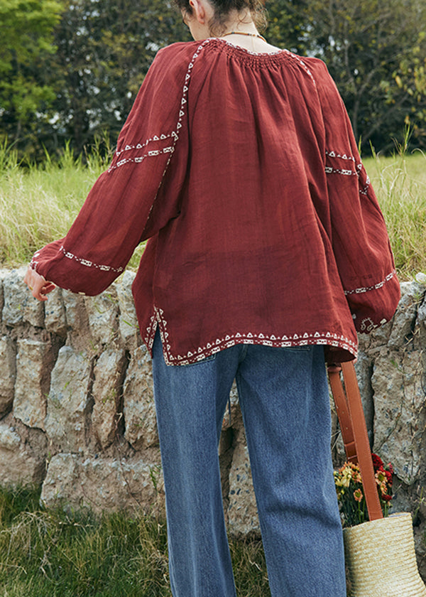 Mulberry Embroidered Patchwork Cotton Blouse Top Lantern Sleeve