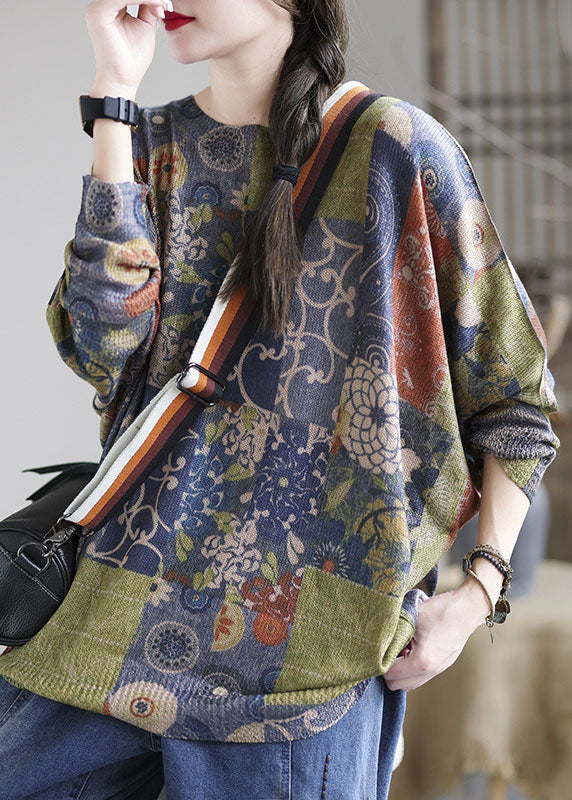 French Blue O-neck Print Loose Fall Sweater