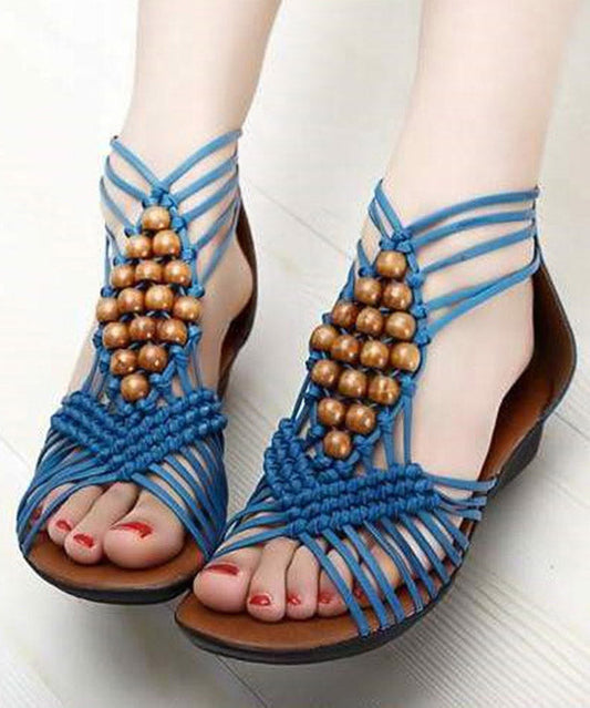 Blue Wedge Genuine Leather Cross Beaded Strap Sandals