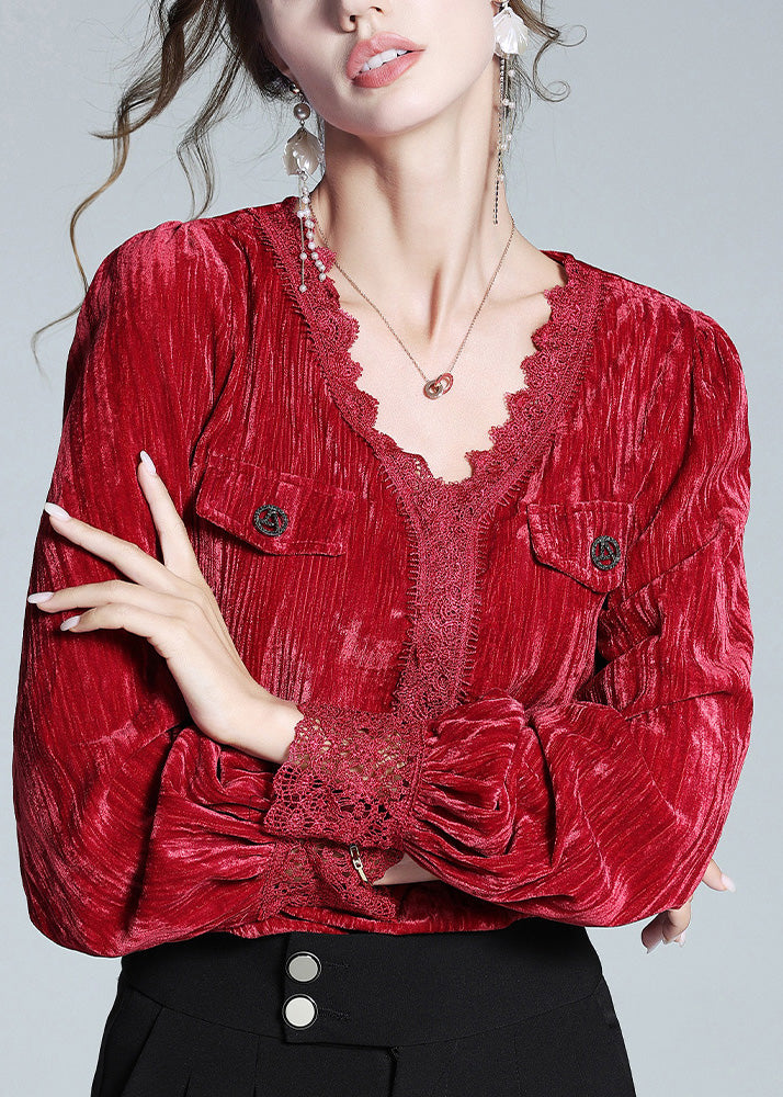 Red V Neck Lace Patchwork Silk Velour Top Long Sleeve