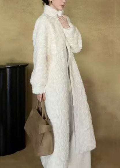 New White Stand Collar Zippered Wear on Both Sides Fuzzy Fur Long Coat Winter