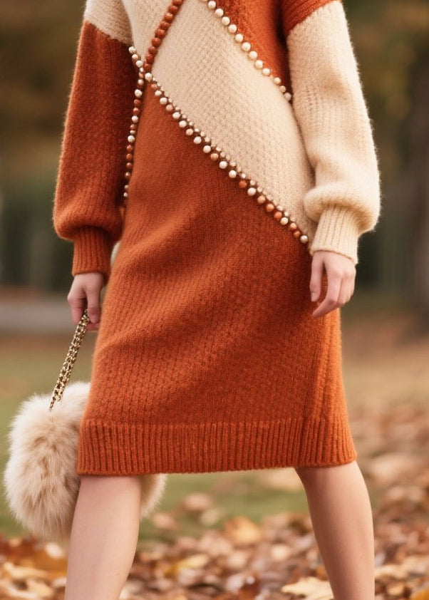 Brown Nail Bead Patchwork Faux Fur Knitwear Dress Winter