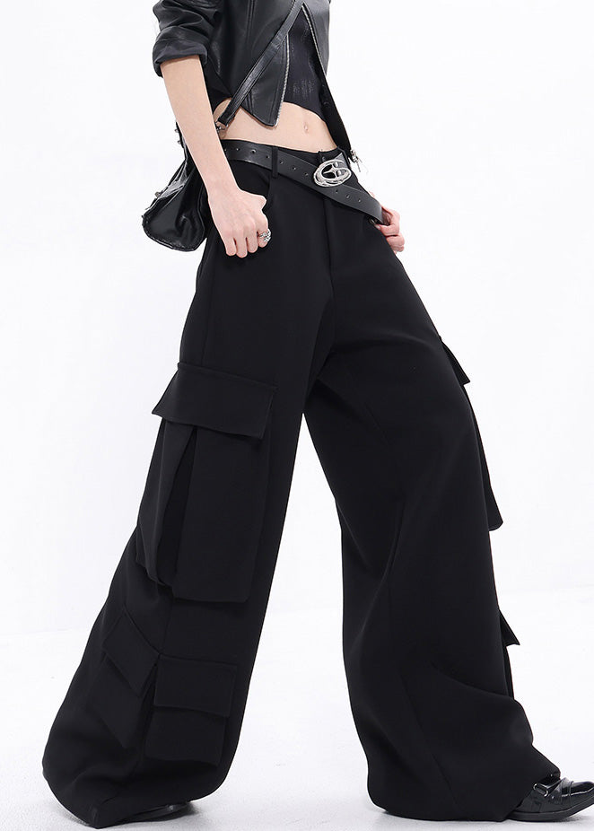 Black Pockets Cotton Wide Leg Pants Fall