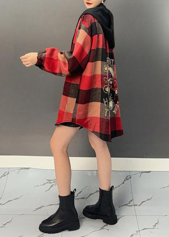 Red Plaid Asymmetrical Button Thick Woolen Hooded Coat Winter