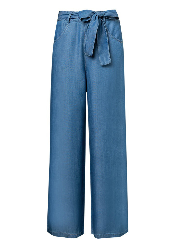 Light Blue Pockets Tie Waist Denim Silk Wide Leg Pants Fall