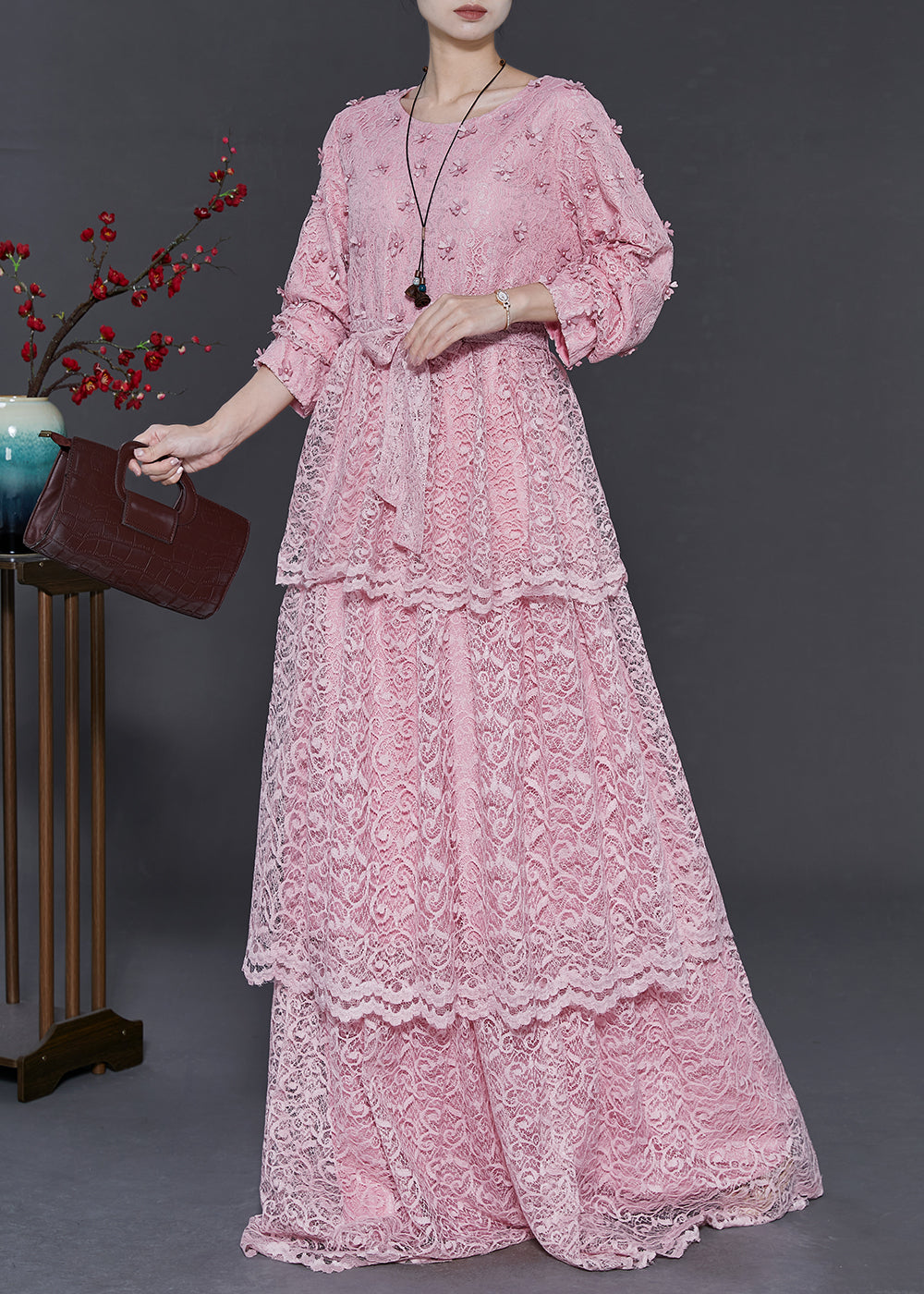 Pink Layered Lace Vacation Dress Spring